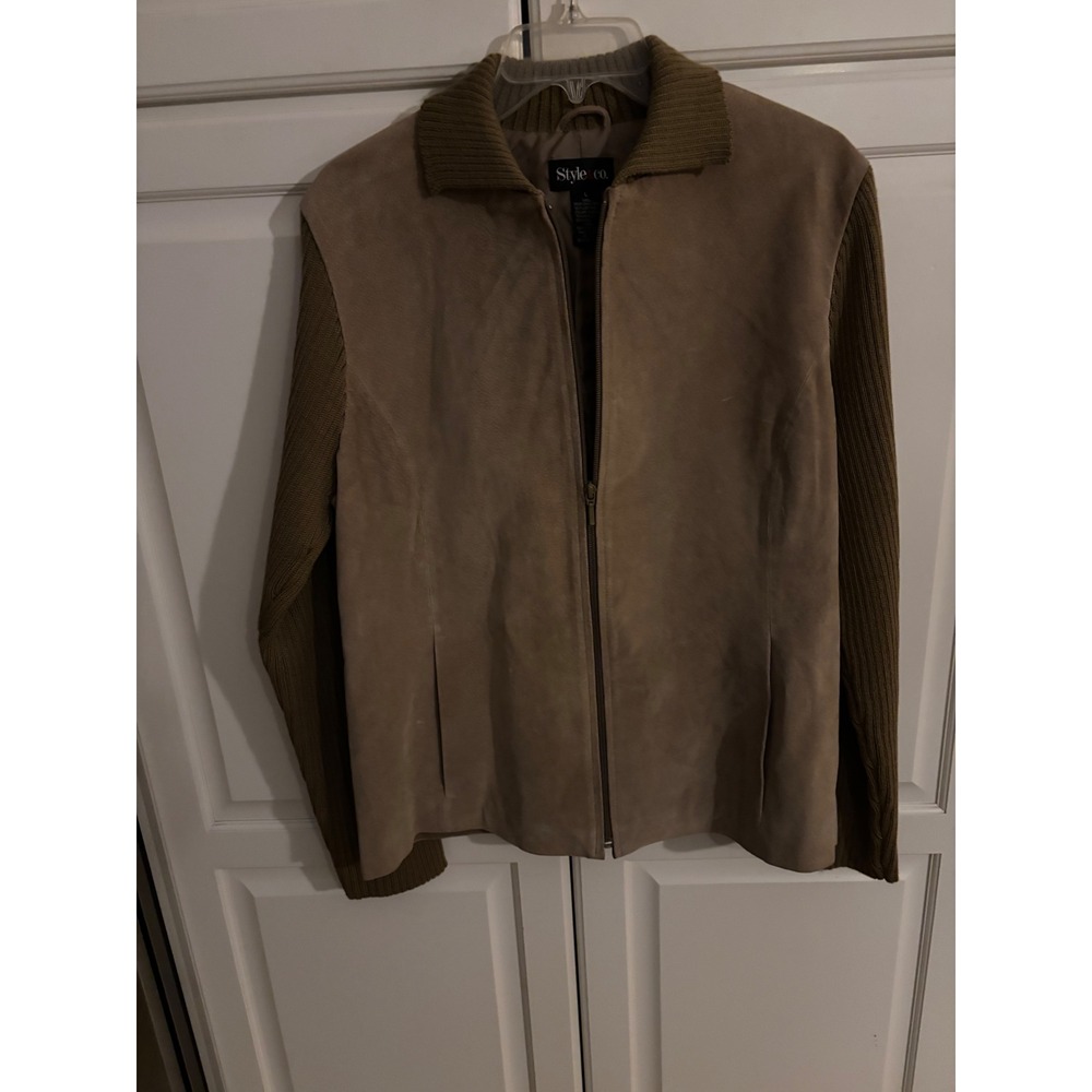 Style‎ & Co Womens Tan Suede Leather Jacket Ribbed Knit Wool Blend Sleeves Large